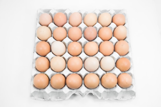 Eier im Papierfach auf weißem Hintergrund Braune Eier in einem Eierkarton
