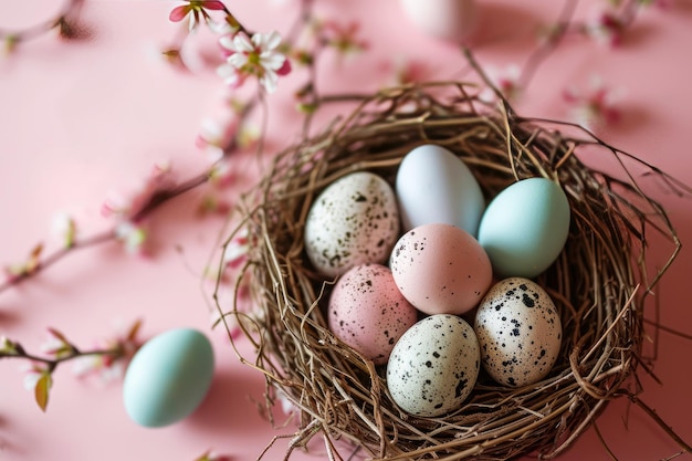 Eier im Vogelnest in der Ecke auf rosa Pastell-Hintergrund