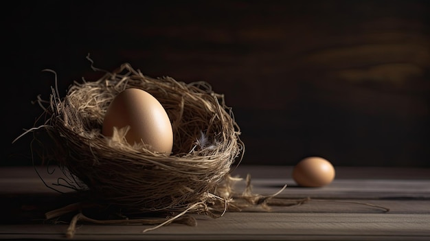 Eier in einem Nest auf einem Holztisch