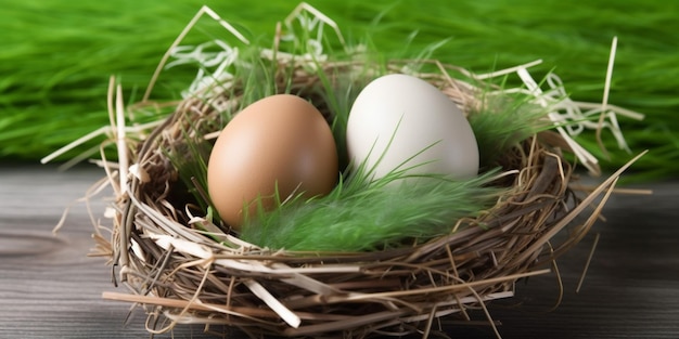 Eier in einem Nest mit Gras