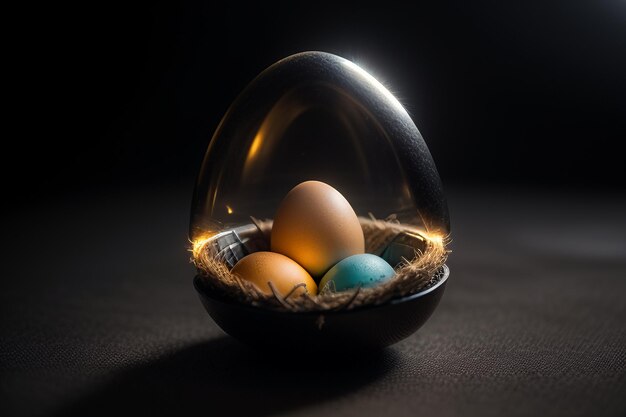 Eier in einer Glaskugel auf dem Schreibtisch unter natürlichem Licht Nahaufnahme kreativer Tapetenhintergrund