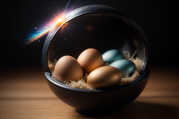 Eier in einer Glaskugel auf dem Schreibtisch unter natürlichem Licht Nahaufnahme kreativer Tapetenhintergrund