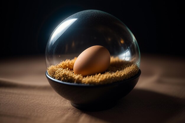 Foto eier in einer glaskugel auf dem schreibtisch unter natürlichem licht nahaufnahme kreativer tapetenhintergrund