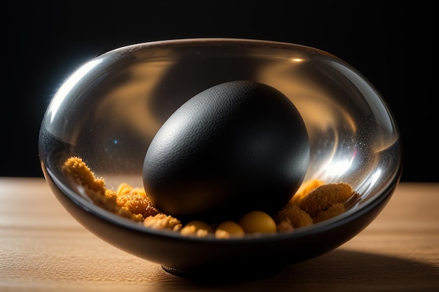 Eier in einer Glaskugel auf dem Schreibtisch unter natürlichem Licht Nahaufnahme kreativer Tapetenhintergrund