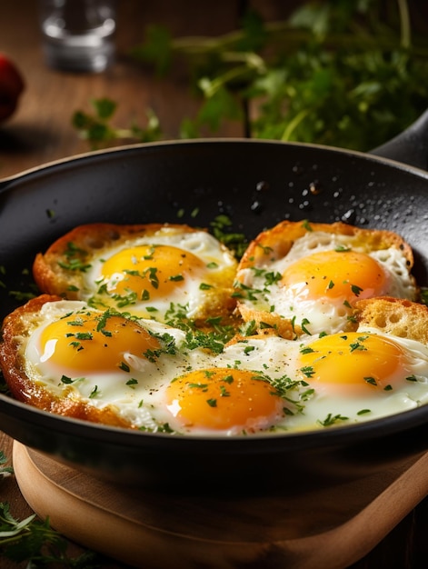 Eier in einer Pfanne mit Brot und Kräutern auf einem Tisch generativ ai