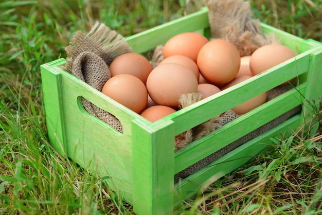 Eier in Holzkiste auf Gras im Freien