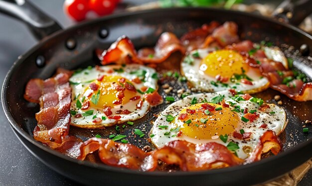 Eier mit Speck, die in einer Pfanne in der Nähe gebraten werden