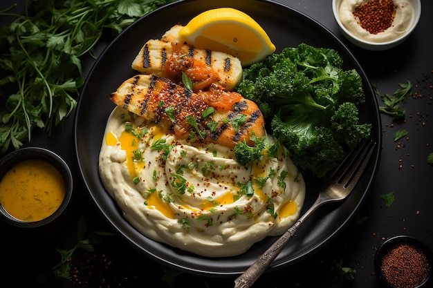 Eier und Garnelen mit Tahini-Sauce auf der Platte