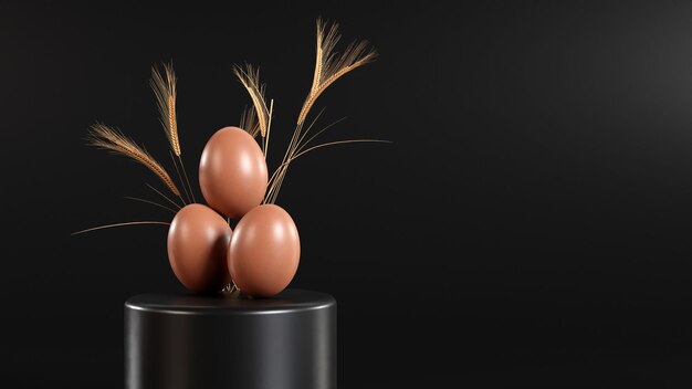 Eier und Weizen mit schwarzem Hintergrund 3D-Darstellung