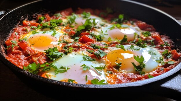 Eier werden in einer Pfanne mit Tomatensauce und Petersilie gebraten.