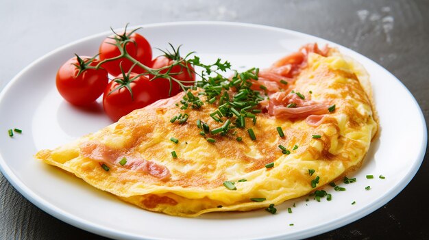 Foto eieromelette mit schinken und tomaten auf einem teller