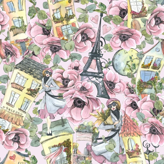 Eiffelturm mit europäischen französischen Häusern ein Mädchen in rosa Anemonen Aquarellillustration Nahtloses Muster aus der PARIS-Kollektion Zur Dekoration von Stoffen, Textilien, Tapeten, Verpackungspapier