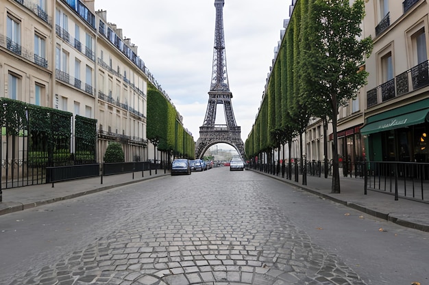 Eiffelturm von der Straße in Paris Frankreich aus gesehen Kopfsteinpflaster