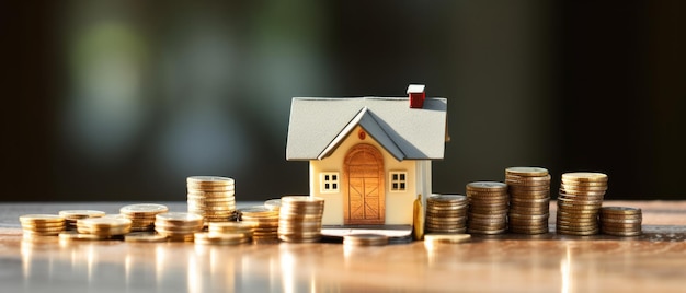 Eigenheimdarlehen und Hypothek mit Miniaturhaus und Münzen