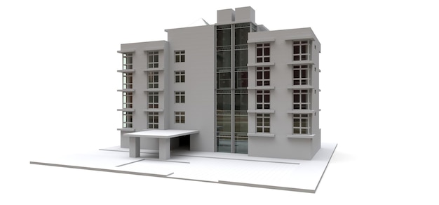 Eigentumswohnungsmodell in weißer Farbe mit transparenter Brille Apartmenthaus 3D-Rendering