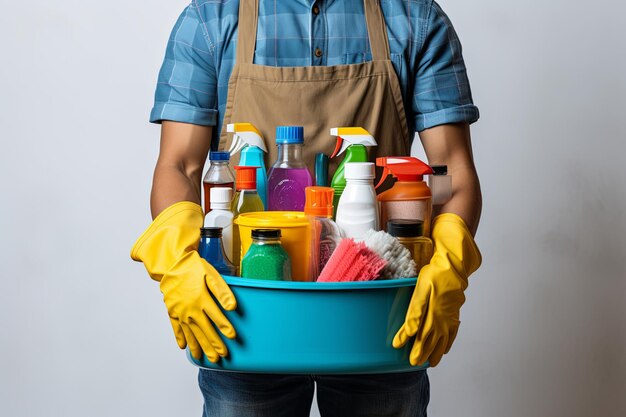 Eimer mit Reinigungsgeräten, Pinsel, Lappen, natürliche Schwämme, Waschbürste und Spray, Hausreinigung oder Hausreinigungsdienste