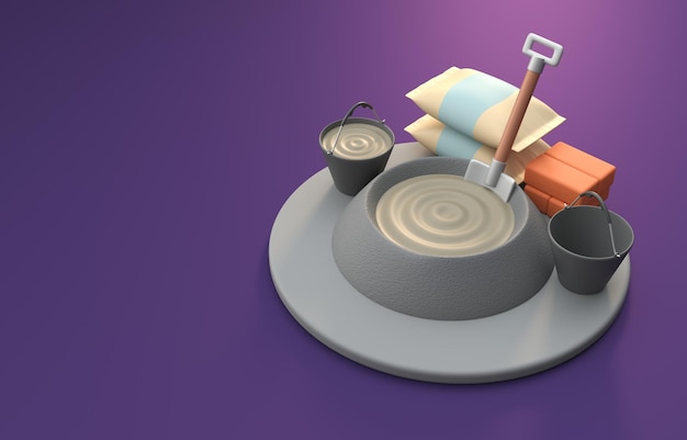 Eimer mit Zement und Zementsäcken 3D-Illustration