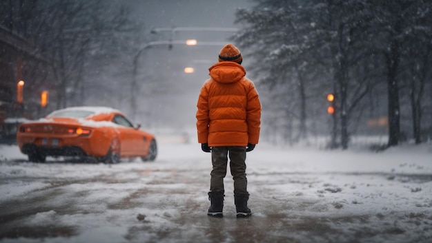 Ein 10-jähriger Junge allein in einem futuristischen Schneesturm für ein faszinierendes 8K-UHD-Bild, das ein verlassenes Land erfasst