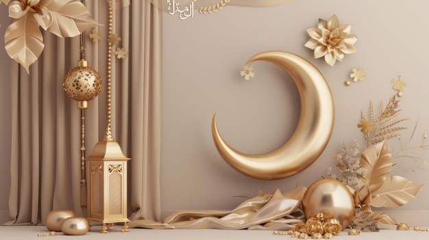 Ein 3D-Beige-Ramadan-Poster mit einer Halbmonddekoration auf einem Kleidungsstück mit goldenen Blättern, Laternen, Rosenkranzen und Dekorationen, die herum verstreut sind. Der Text in Kalligraphie lautet Eid