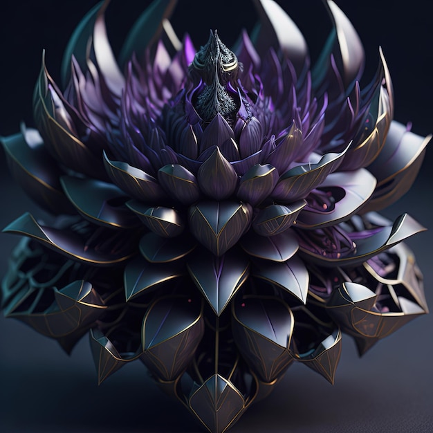 Ein 3D-Bild einer lila Blume mit einem großen Kopf.
