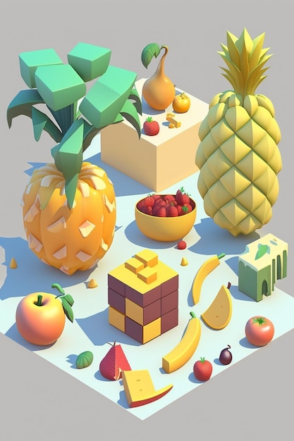 Ein 3D-Bild von Obst und Gemüse, einschließlich einer Obstschale und einer Obstschale.