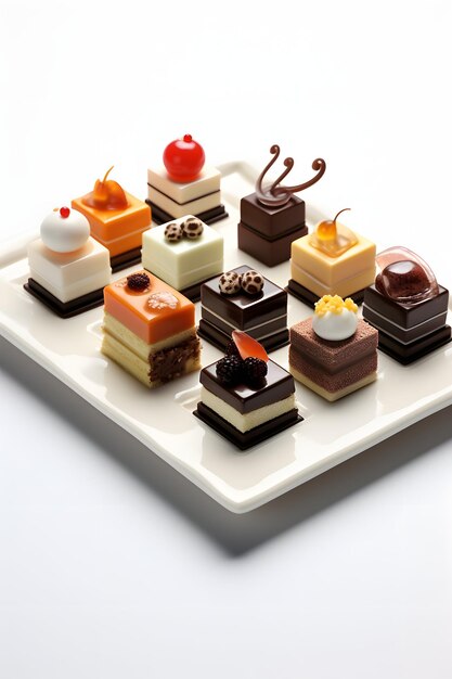 ein 3D-Bild von Petit Fours mit weißem Hintergrund