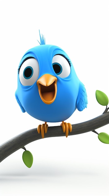 Ein 3D-Cartoon-Blauer Vogel, der auf einem Baumzweig winkt
