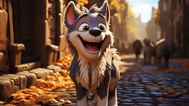 Ein 3D-Cartoon mit einem lächelnden Wolf im Disney-Stil