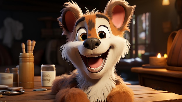 Ein 3D-Cartoon mit einem lächelnden Wolf im Disney-Stil