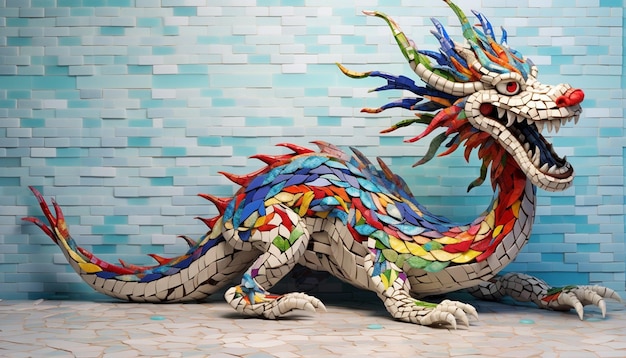 Ein 3D-Design mit einem chinesischen Drachen aus farbenfrohen Mosaikfliesen