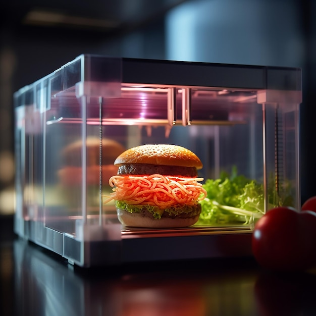 Ein 3D-Drucker druckt einen echten Burger aus den Fasern von Brot, Fleisch und Gemüse