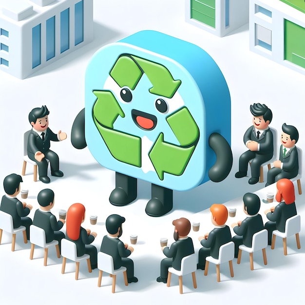 Ein 3D-Flach-Ikon des Nachhaltigkeitskonzepts glückliche Geschäftsleiter, die an einem Gipfel über die Nachhaltigkeit von Unternehmen teilnehmen