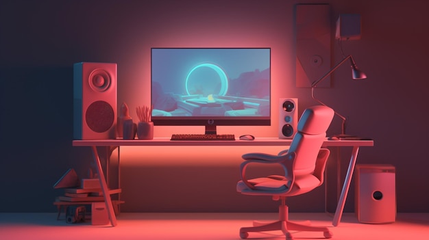 Ein 3D-Illustrationscomputertisch mit einem großen Monitor und einem roten Licht