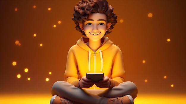 Ein 3D-Junge lächelnder Charakter sitzt mit gekreuzten Beinen in einem Smartphone vertieft
