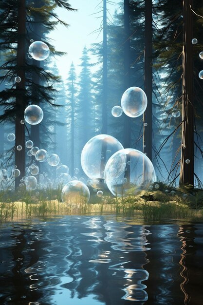 ein 3D-Konzept einer einzigen schwimmenden Blase mit einer reflektierenden Oberfläche