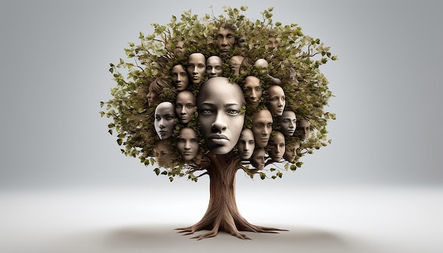 ein 3D-Konzept eines Baumes mit Zweigen, die verschiedene menschliche Gesichter bilden, die MLKs Vision repräsentieren