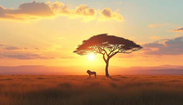 ein 3D-Kunstwerk einer spärlichen Savanne-Landschaft mit einem einzigen Akazienbaum und einer Silhouette eines Löwen