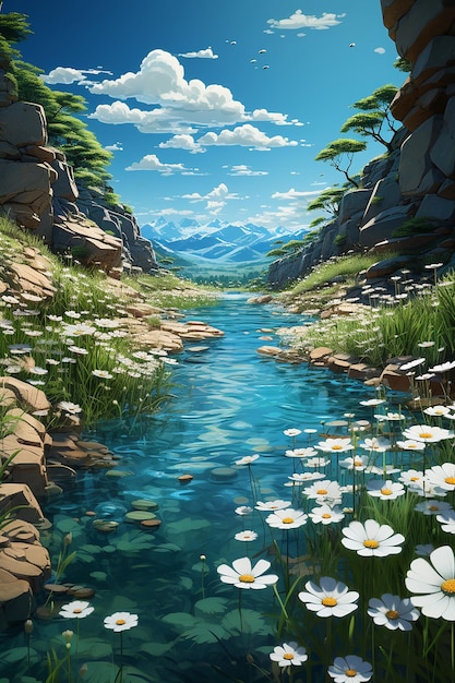 ein 3D-Landschaft-Wallpapier, das Blumen und Gras auf dem Feld im Stil eines romantischen Flussscapes zeigt