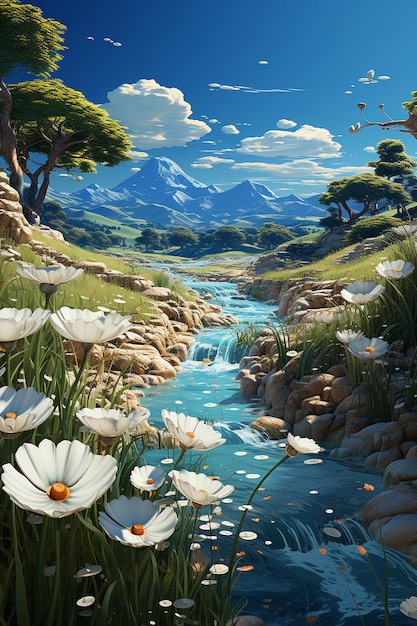 ein 3D-Landschaft-Wallpapier, das Blumen und Gras auf dem Feld im Stil eines romantischen Flussscapes zeigt