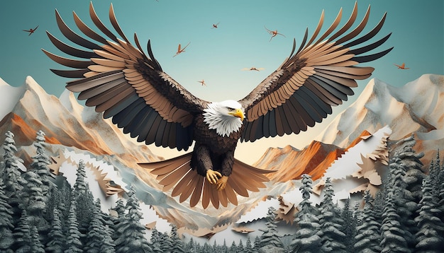 ein 3D-Minimal-Poster-Design, das einen Adler im Flug darstellt