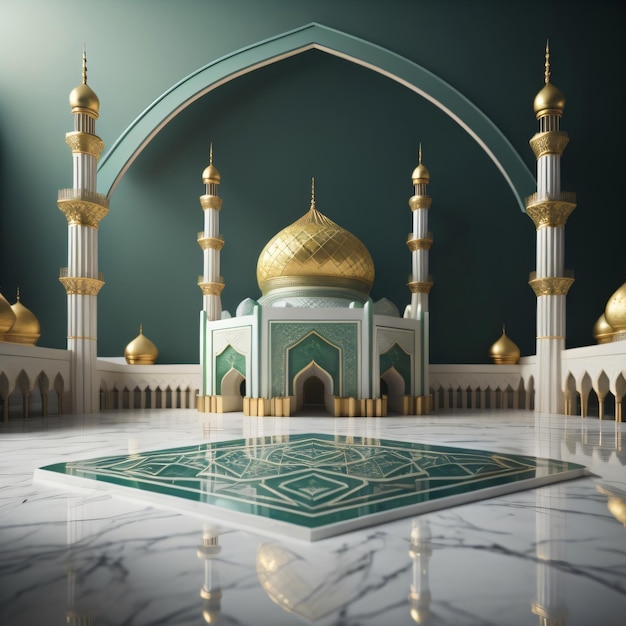 Ein 3D-Modell einer Moschee mit einer goldenen Kuppel auf dem Boden.