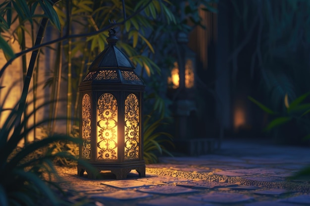 Ein 3D-Modell einer traditionellen Ramadan-Lampe in einer friedlichen Nachtumgebung