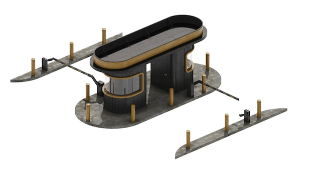 Ein 3D-Modell eines Bahnhofs mit einem schwarz-goldenen Schild mit der Aufschrift „das Wort Flughafen“.