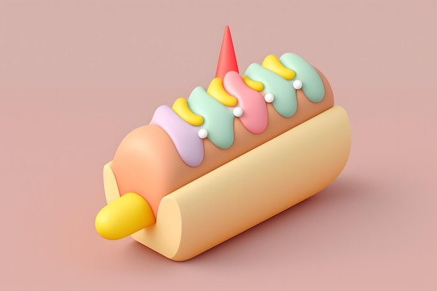 Ein 3D-Modell eines Hot Dogs mit einem Kegel darauf.