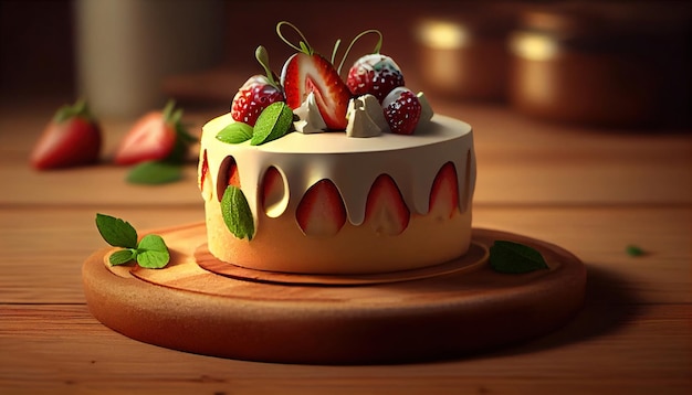Ein 3D-Modell eines Kuchens mit einer Erdbeere auf der Oberseite.