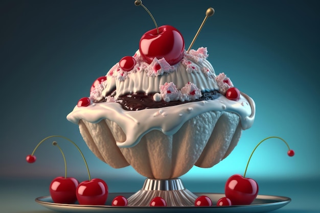 Ein 3D-Modell eines Schokoladenkuchens mit Kirschen an der Spitze.