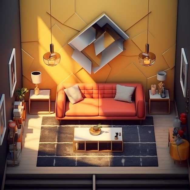 ein 3D-Modell eines Wohnzimmers mit orangefarbenen Wänden und einer roten Couch.