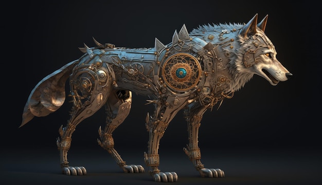 Ein 3D-Modell eines Wolfes mit einer Metallkette um den Hals.