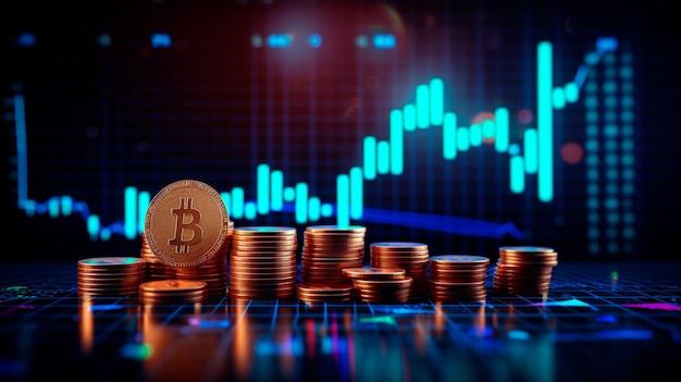 Ein 3D-Münzenhintergrund mit einem blauen Finanzdiagramm und einem Investitionsbalken, der Wachstum und Erfolg auf dem Markt mit Technologie- und Währungsberichten veranschaulicht. Generative KI-Illustrator