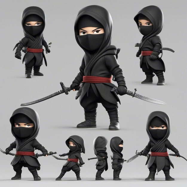 Ein 3D-Ninja-Cartoon-Spielfigur-Junge aus schwarzem Stoff mit Grasnarbe, klarem, weißem Hintergrund